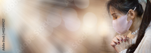 Close up of woman hands pray at home, Pray to God with blank space for text.