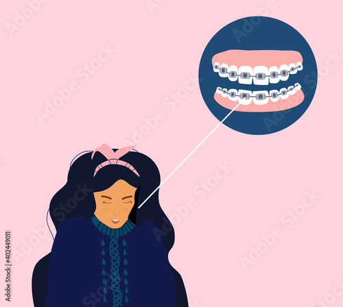Cute young woman with dental braces on teeth. Orthodontics retainer or aligner. Bite correction concept. Oral surgery for healthy smile. Dentistry service poster. Girl with long hair in sweater.Vector