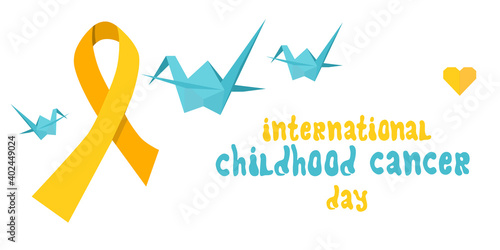 International Childhood cancer day poster with lettering. Origami cranes birds from paper are hope symbol. Help and support concept. Oncology disease and treatment. Yellow awareness ribbon. Vector