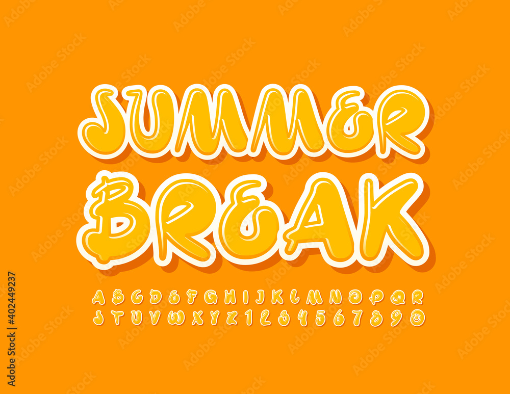 Vector sunny emblem Summer Break. Handwritten Yellow Font. Creative Alphabet Letters and Numbers set