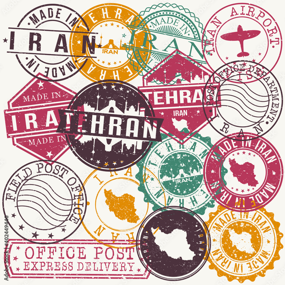 Fototapeta premium Tehran Iran Set of Stamps. Travel Stamp. Made In Product. Design Seals Old Style Insignia.
