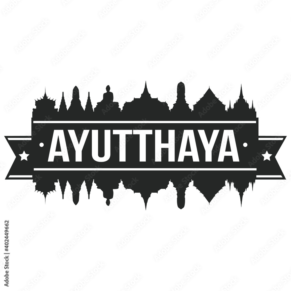 Ayutthaya Thailand Thai Skyline Silhouette Design City Vector Art Famous Buildings Stamp Stencil.