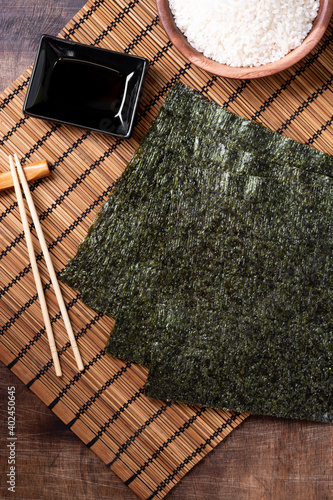 Nori leaves. Crunchy dried seaweed. Japanese traditional cuisine 