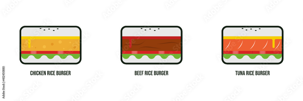 Flat style rice burger illustration design template set isolated in white, suitable for restaurant logo etc Flat style rice burger illustration design template set isolated in white, suitable for restaurant logo etc