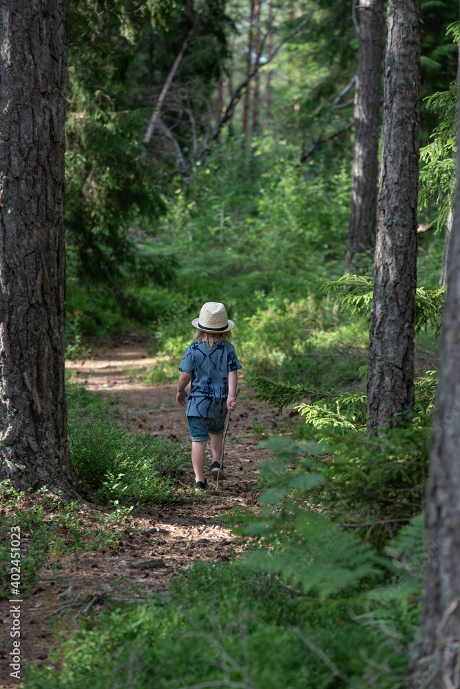 Boy walking on a forest path