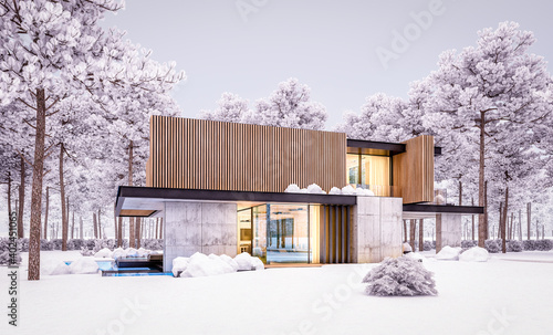 3d rendering of modern cozy house with parking and pool for sale or rent with wood plank facade and beautiful landscaping on background. Cool winter evening  with cozy light from windows © korisbo
