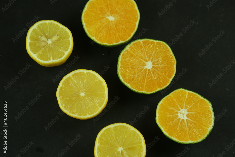 Group of lemons with leaves, isolated on background