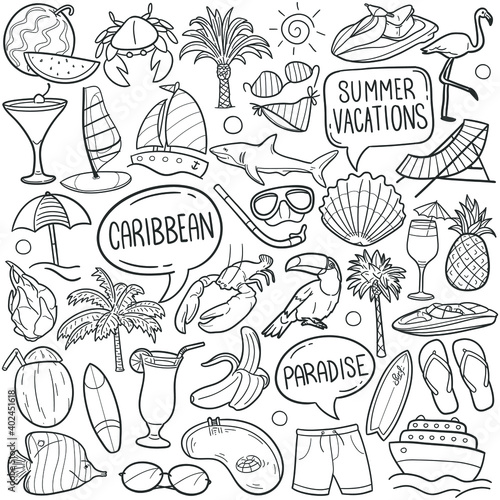 Caribbean doodle icon set. Vacations Vector illustration collection. Beach Hand drawn Line art style.