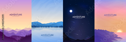 Vector illustration. Minimalist backgrounds. Flat concept. 4 landscapes collection. Mountain view, forest trees, night scene, water and rocks. Design for poster, book cover, banner, flyer, gift card