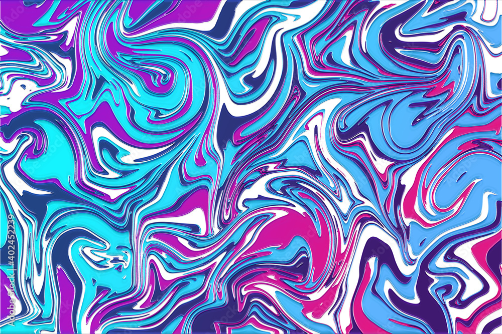 Liquid swirled blue, pink and white paint, marbled surface, abstract background image, digital illustration