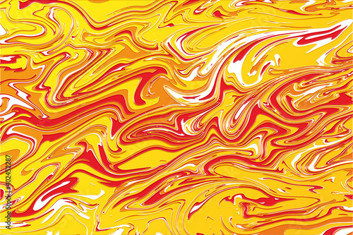 Liquid swirled yellow, orange and red paint, marbled surface, abstract background image, digital illustration