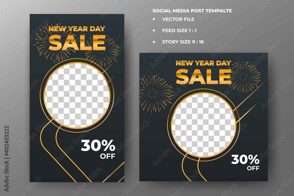New year sale social media post template. Black background with ...