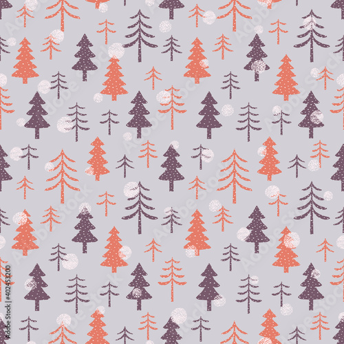 Christmas seamless pattern with Christmas trees. Winter forest background. 