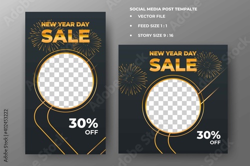 New year sale social media post template. Black background with fireworks and abstract line decoration. Flat design vector with photo collage. Usable for social media feed, story and web internet ads