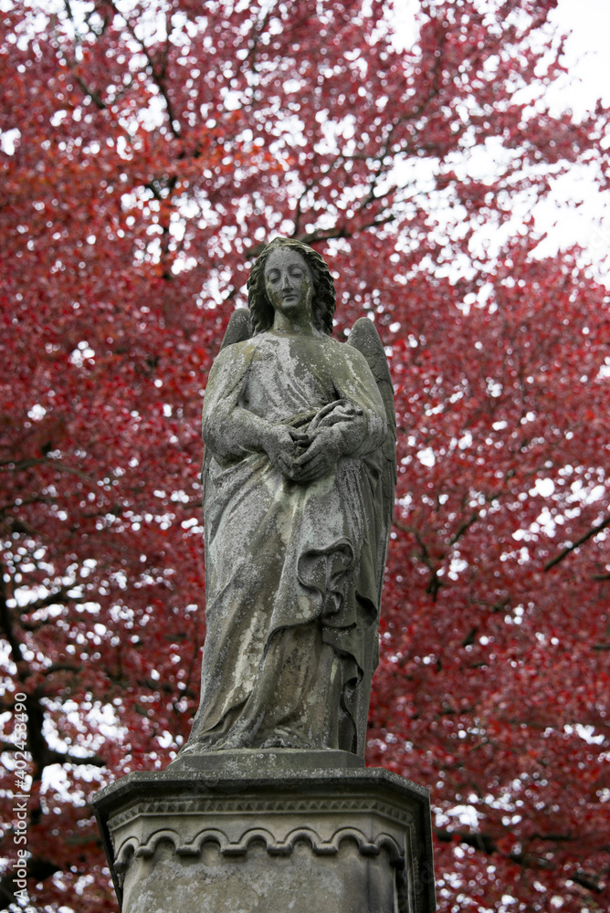 Betender Engel vor einem Baum mit Herbstlaub