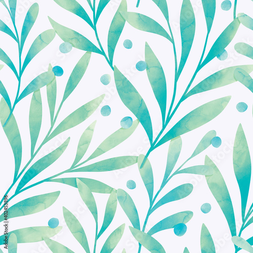 Seamless watercolor botanical pattern. Digitally hand painting floral background. Modern leaves design for fabric, wallpaper, surface.