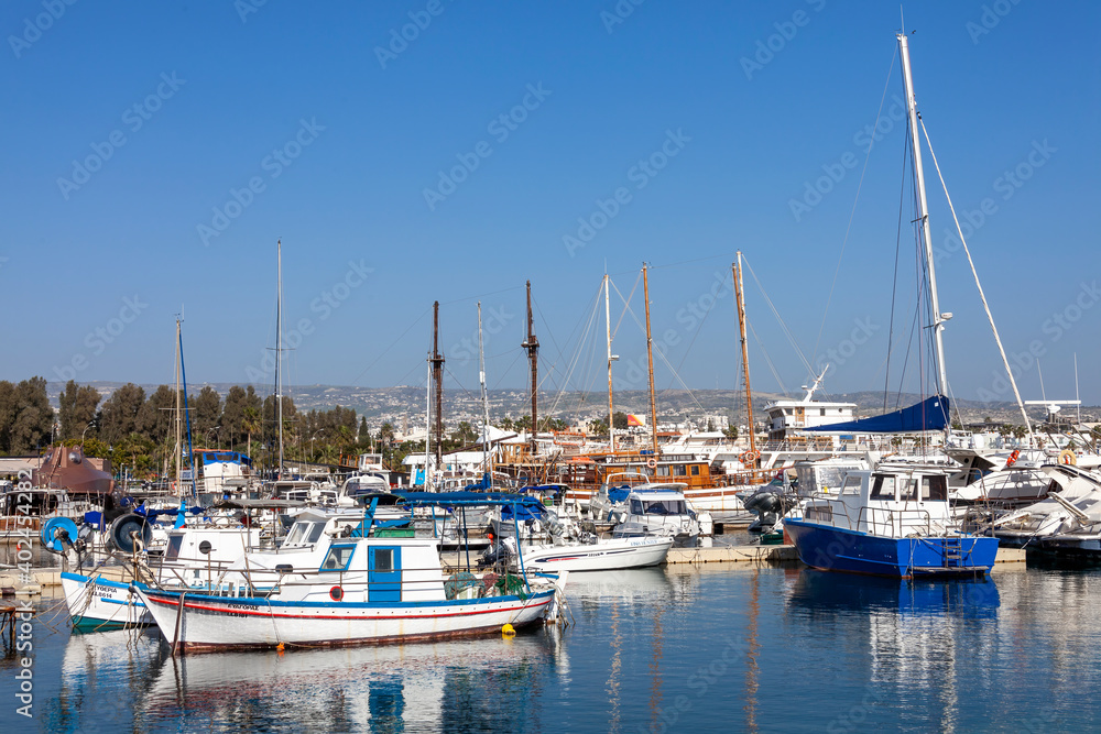 Fishing boats in Paphos harbour Cyprus at the Mediterranean tourist resort, which is a popular travel destination attraction landmark, stock photo image 