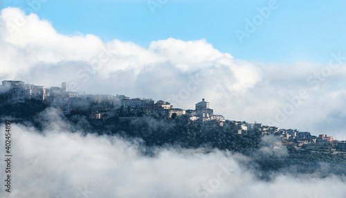 Stunning panoramic view of the village of Veroli during a cloudy day. Veroli is a town and comune in province of Frosinone, Lazio, central Italy.