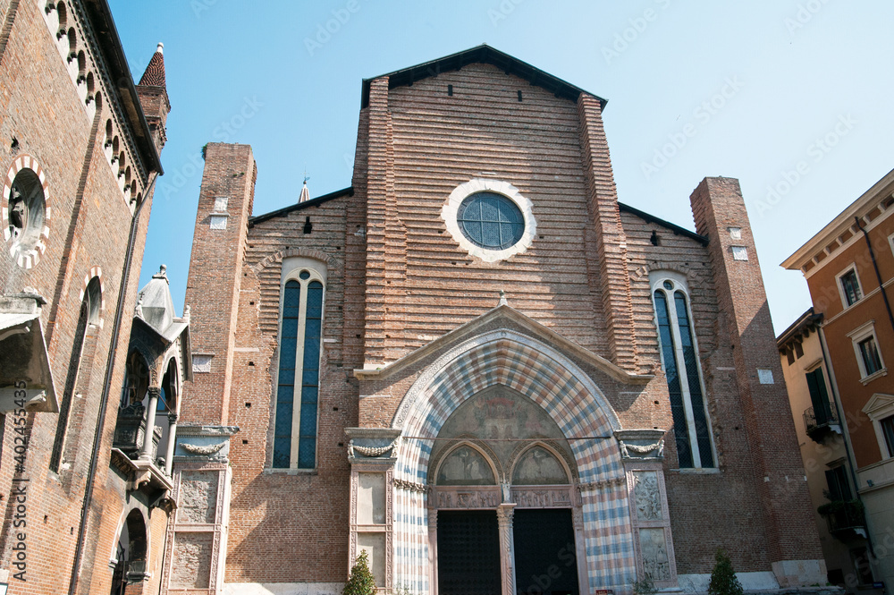 Facade of Saint Pietro from Verona church or Basilica of Saint Anastasia in gothic style. Verona, Veneto, Italy.