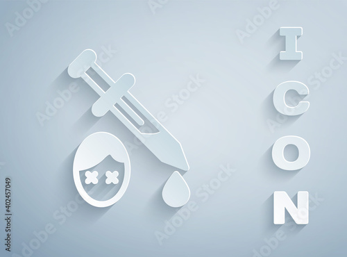 Paper cut Sword with blood icon isolated on grey background. Medieval weapons knight and soldier. Symbol of murder. Paper art style. Vector.