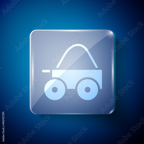 White Wooden four-wheel cart with hay icon isolated on blue background. Square glass panels. Vector.