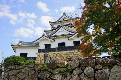 Hikone Castle with red and yellow foliage in Hikone City of Shiga, Japan - 日本 滋賀県 彦根城 秋 紅葉