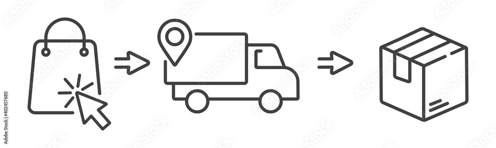 click and collect order, icon, delivery truck, delivery services steps, receive order in pick up point, e-commerce business concept, vector illustration click and collect order, icon, delivery truck, delivery services steps, receive order in pick up point, e-commerce business concept, vector illustration