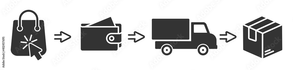 click and collect order, icon, delivery truck, delivery services steps, receive order in pick up point, e-commerce business concept, vector illustration