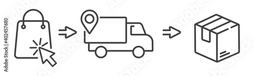 click and collect order, icon, delivery truck, delivery services steps, receive order in pick up point, e-commerce business concept, vector illustration