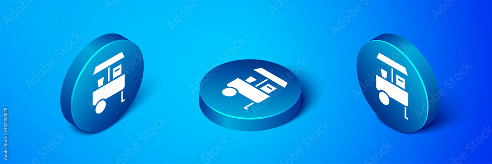 Isometric Fast street food cart icon isolated on blue background. Urban kiosk. Blue circle button. Vector. Isometric Fast street food cart icon isolated on blue background. Urban kiosk. Blue circle button. Vector.
