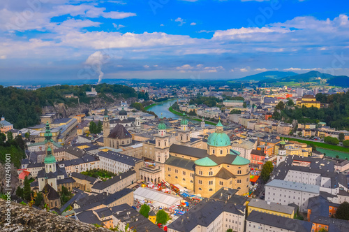 A picturesque view from a height to the birthplace of Mozart, the city of Salsburg (Austria)