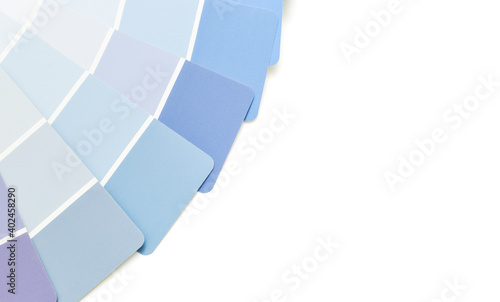 Obraz na plátně Color palette, shades of blue paint swatches on white background