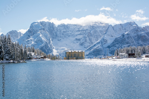 Lake Misurina in winter aura. Lake Misurina (Italian: Lago di Misurina) is the largest natural lake of the Cadore, near Auronzo di Cadore (Belluno). 