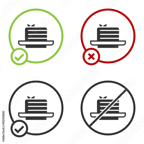 Black Medovik icon isolated on white background. Honey layered cake or russian cake Medovik on plate. Circle button. Vector.