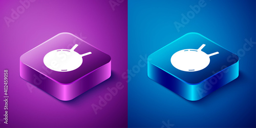 Isometric Kettlebell icon isolated on blue and purple background. Sport equipment. Square button. Vector.