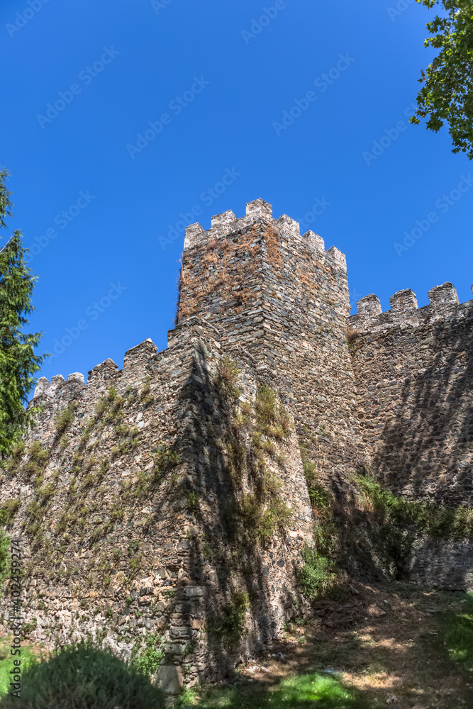 View at the exterior fortress tower at Castle of Braganca, an iconic monument building at the Braganca city, portuguese patrimony