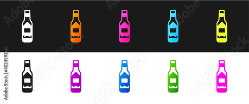 Set Tabasco sauce icon isolated on black and white background. Chili cayenne spicy pepper sauce. Vector.