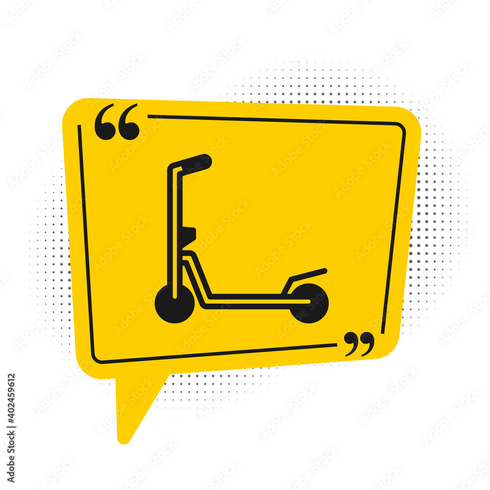 Black Roller scooter for children icon isolated on white background. Kick scooter or balance bike. Yellow speech bubble symbol. Vector. Black Roller scooter for children icon isolated on white background. Kick scooter or balance bike. Yellow speech bubble symbol. Vector.