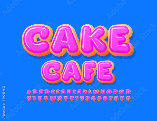 Vector delicious sign Cake Cafe. Pink glazed Font. Sweet Donut Alphabet Letters and Numbers set