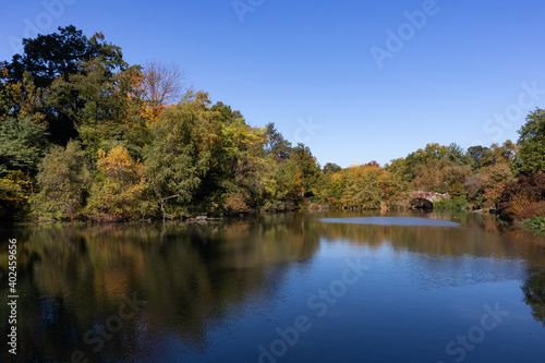 The Pond at Central Park during Autumn with the Gapstow Bridge and Colorful Trees in New York City