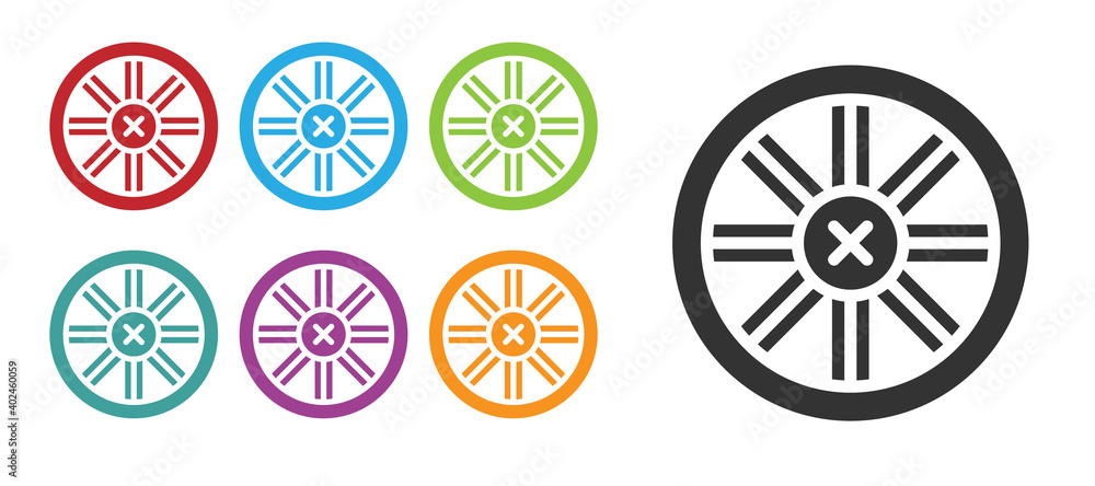 Black Old wooden wheel icon isolated on white background. Set icons colorful. Vector.