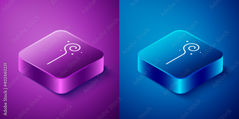 Isometric Magic staff icon isolated on blue and purple background. Magic wand, scepter, stick, rod. Square button. Vector. Isometric Magic staff icon isolated on blue and purple background. Magic wand, scepter, stick, rod. Square button. Vector.