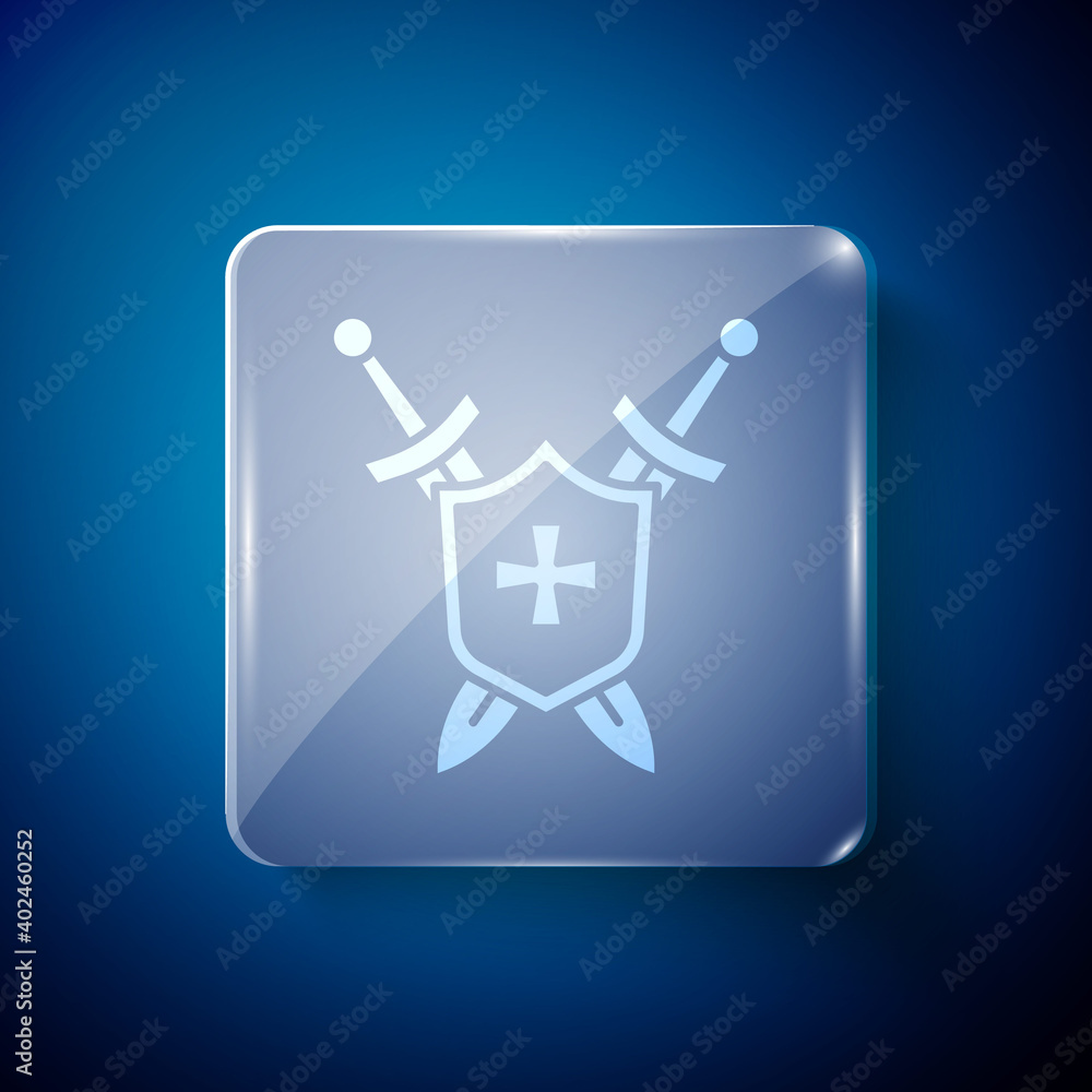 White Medieval shield with crossed swords icon isolated on blue background. Square glass panels. Vector. White Medieval shield with crossed swords icon isolated on blue background. Square glass panels. Vector.