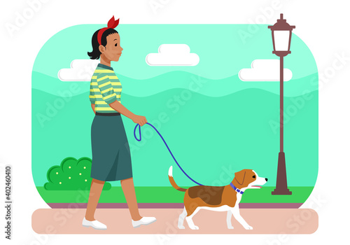 Illustration Woman walking Dog, with simple background