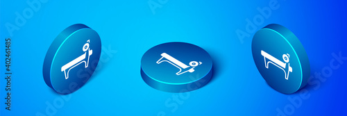 Isometric Bench with barbel icon isolated on blue background. Gym equipment. Bodybuilding, powerlifting, fitness concept. Blue circle button. Vector.