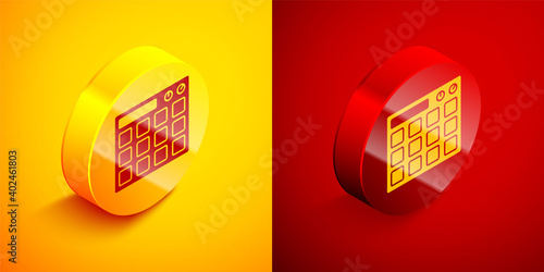 Isometric Drum machine music producer equipment icon isolated on orange and red background. Circle button. Vector.