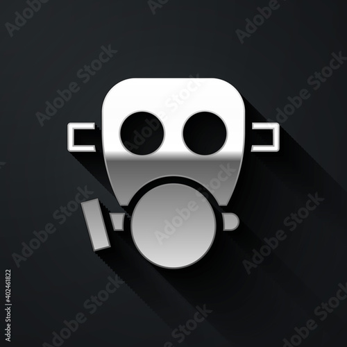Silver Gas mask icon isolated on black background. Respirator sign. Long shadow style. Vector.