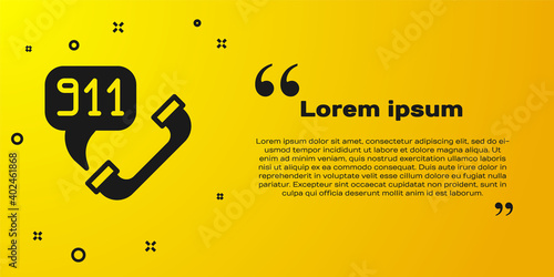 Black Telephone with emergency call 911 icon isolated on yellow background. Police, ambulance, fire department, call, phone. Vector.