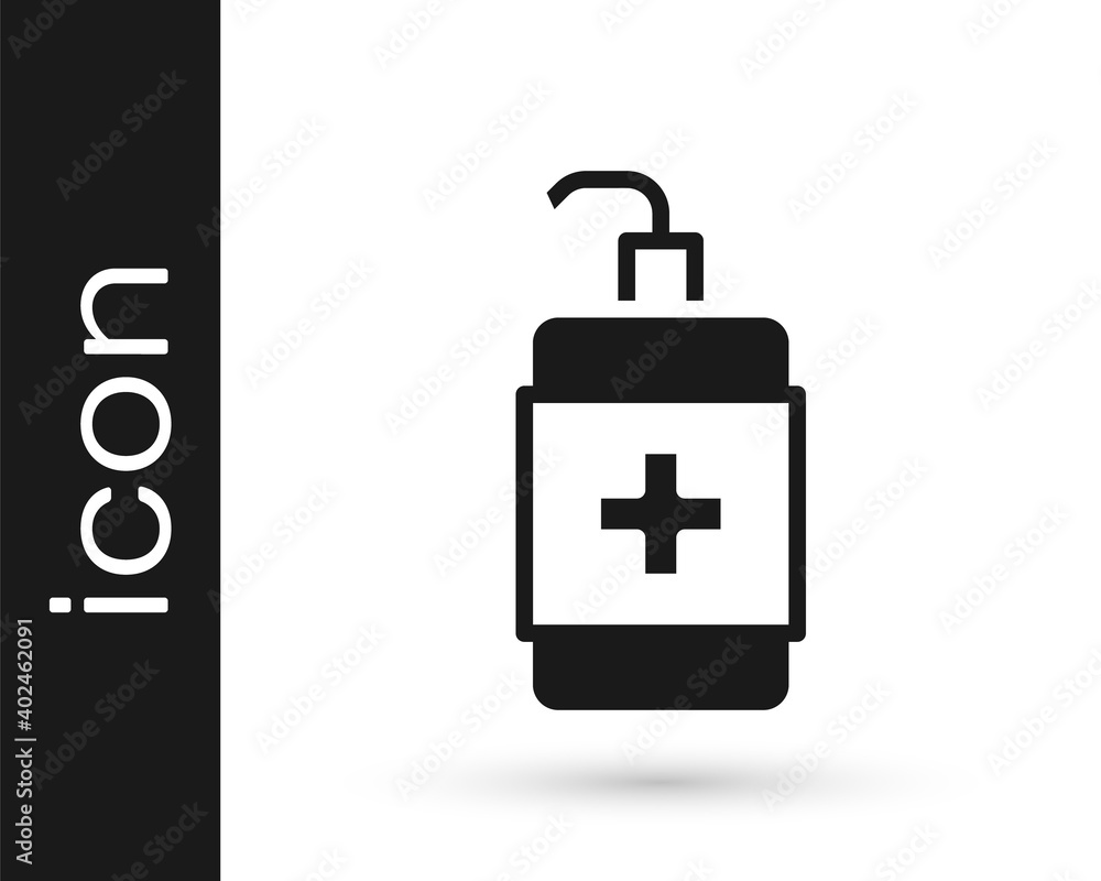 Black Hand sanitizer bottle icon isolated on white background. Disinfection concept. Washing gel. Alcohol bottle for hygiene. Vector. Black Hand sanitizer bottle icon isolated on white background. Disinfection concept. Washing gel. Alcohol bottle for hygiene. Vector.