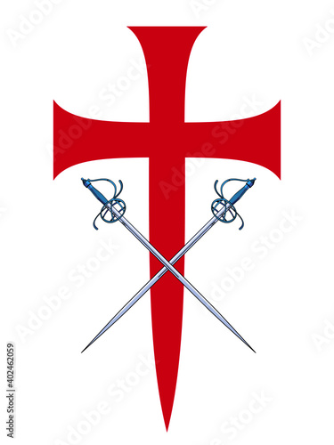 Vector illustration of two swords clashing over a red cross. Ideal design for chivalry and adventure comics.